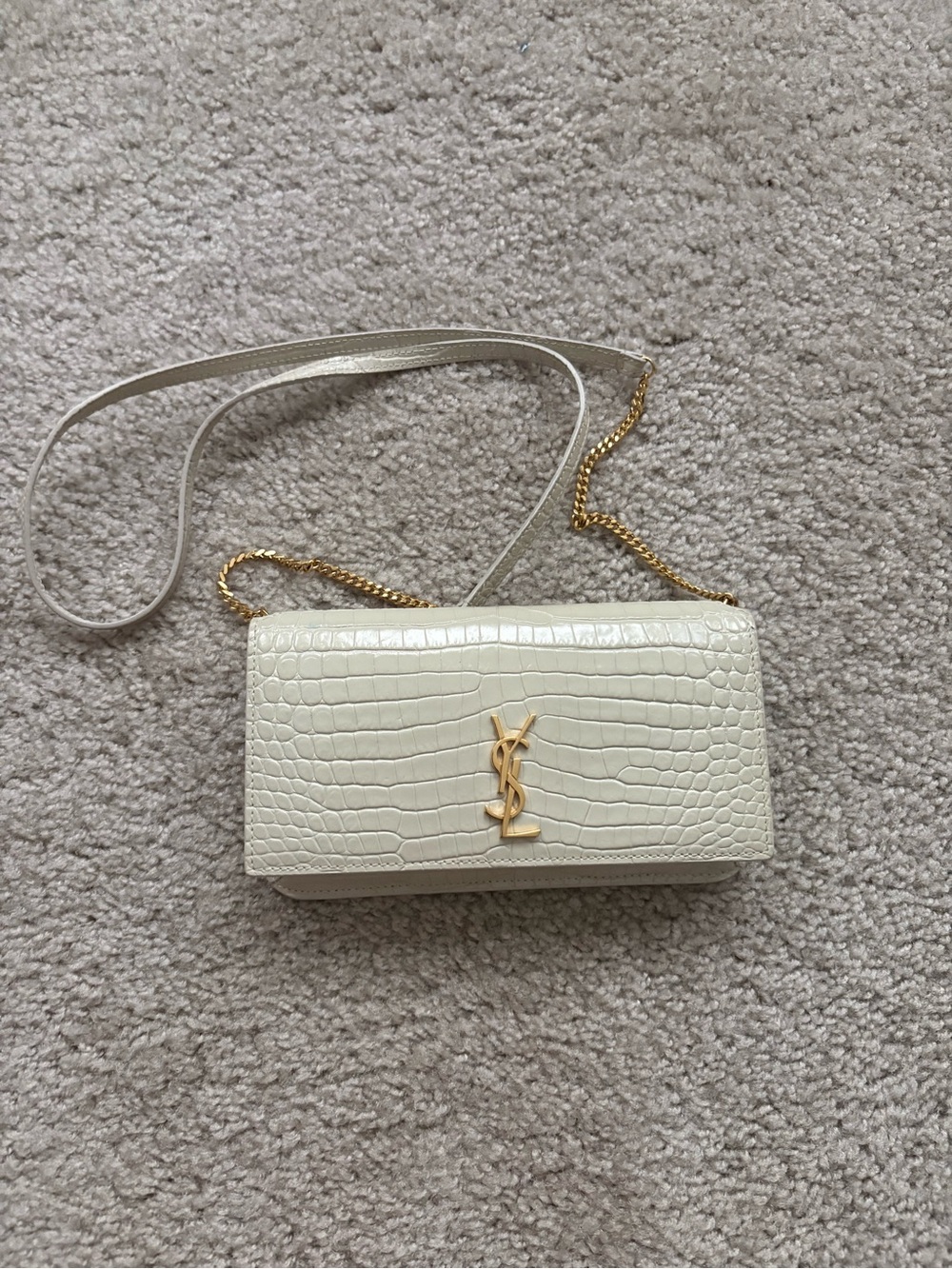 Saint Laurent Cassandre Cream Croc-Embossed Leather Chain Wallet Gold Hardware - Picture 2 of 10